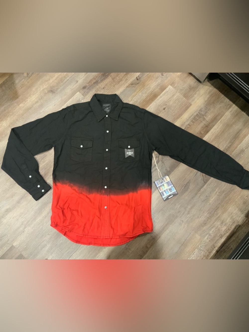New PRPS Shirt Denim Pearl Snap Ombre Long Sleeve Black Red Mens Sz Large